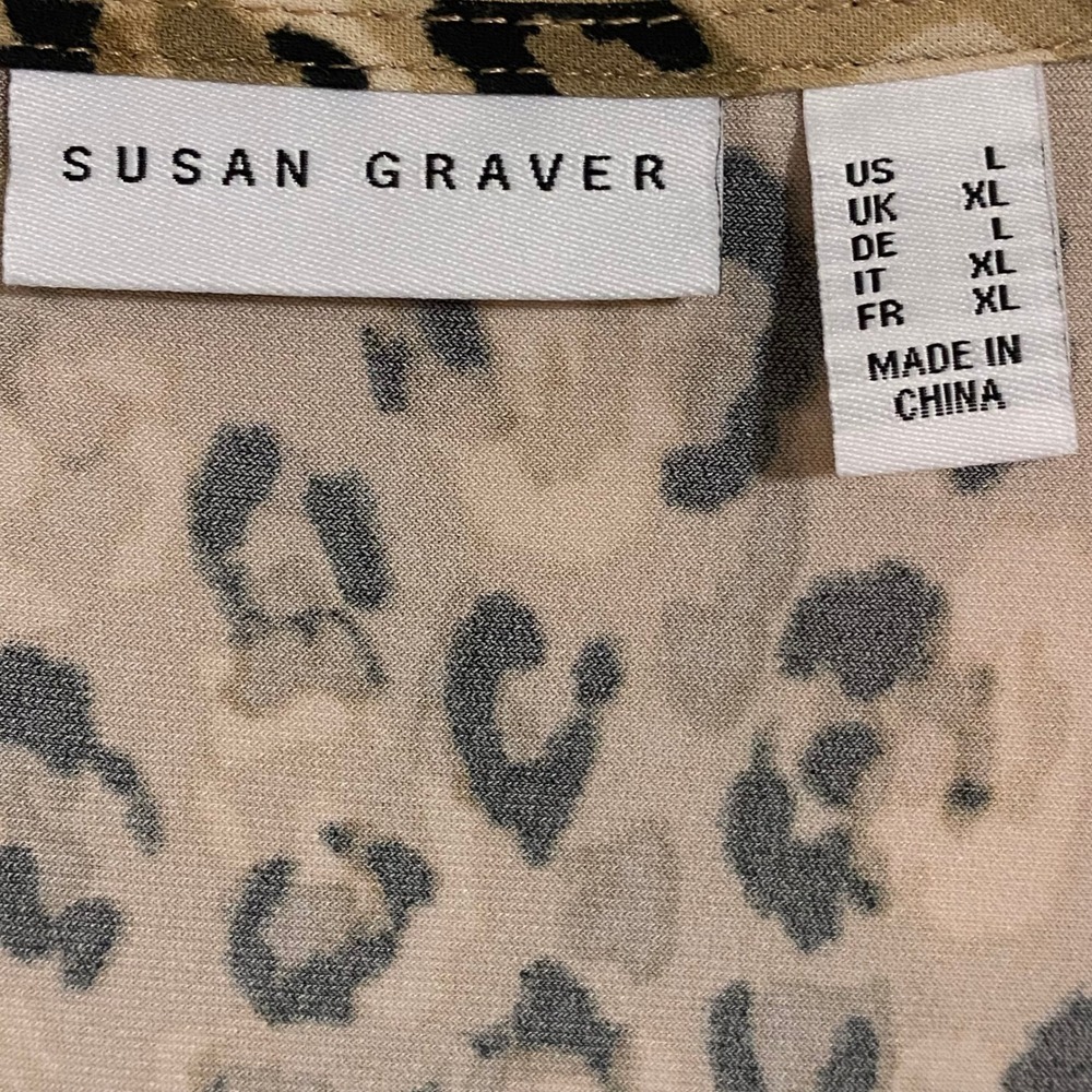 Susan Graver Leopard Print Indie Chic Short Sleeve Top Womens L Tan Black - Picture 4 of 5